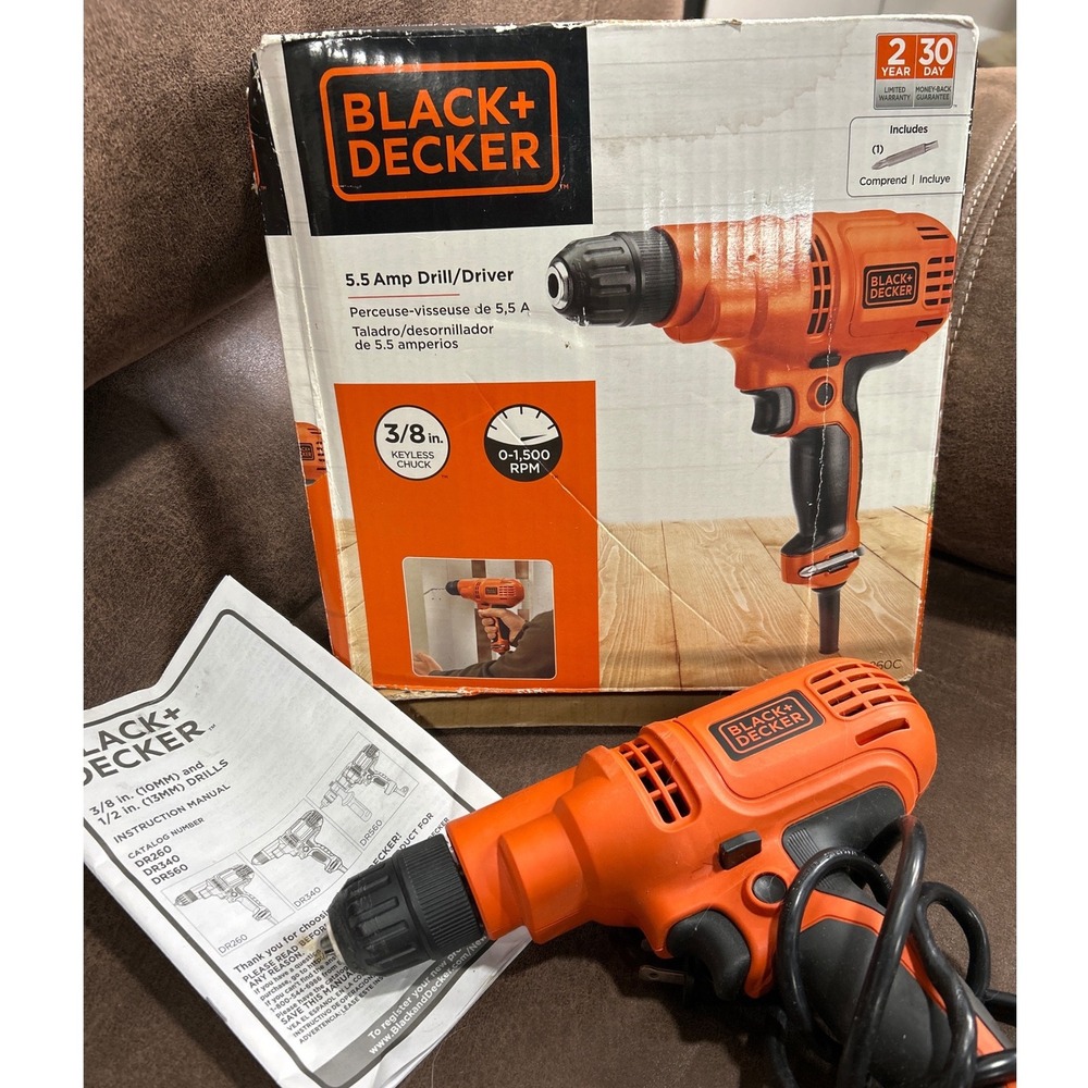 Black+Decker 5.5 Amp 3/8 in Corded Drill Driver DR260 Variable Speed Orange